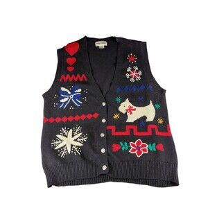 Alfred Dunner Sweater Vest Black Knit Scottie dog terrier Snowflake Christmas M